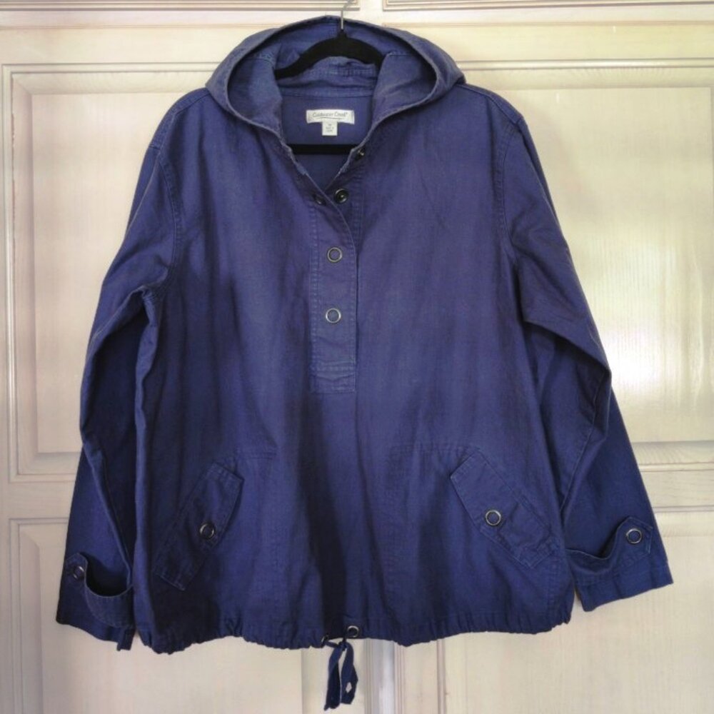 Coldwater Creek Blue Twill Hoodie, 1/2 Snap, Drawstring Pullover, SZ 1X, EUC